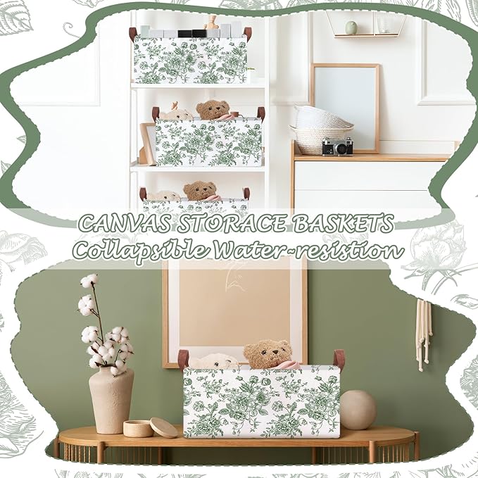 Boao 3 Pcs Sage Green Floral Storage Bin Collapsible Large Storage Baskets for Gifts Canvas Laundry Basket Foldable Box with Handle for Office Home Bedroom Clothes