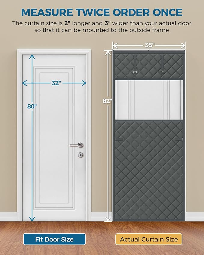 Thermal Insulated Door Curtain Fits Door Size 32 x 80 Inch, Oxford Cloth Thicken Cotton Fiber, Curtain Size 35" x 82", Single Piece Screen Insulation Cover to Keep Warm, with Clear Windows