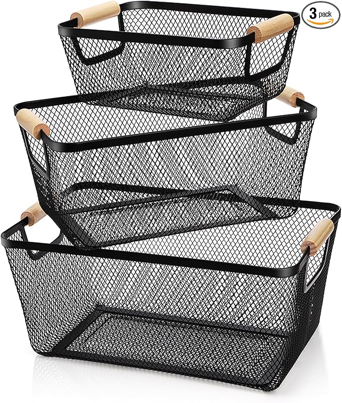 3 Pack Metal Mesh Basket with Wooden Handle, Farmhouse Wire Steel Storage Bins, Rectangle Fruit Vegetable Organizer Containers for Home Cabinet Pantry Kitchen Decor, Snack Gift (Black, 3 Size)