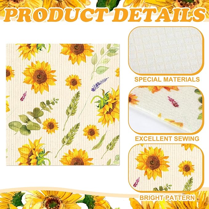 Sunnyray 12 Pcs Swedish Kitchen Dish Towels Dishcloth Reusable Sponge Cleaning Cloth Kitchen Towels Absorbent Washable Dish Cloth Drying Hand Towel(Yellow,Sunflower)