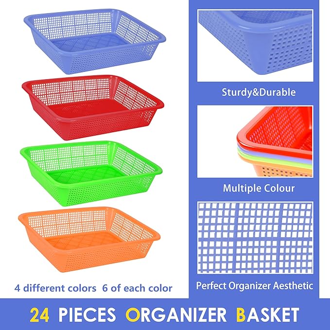 Kolewo4ever 24 Pack Classroom Storage Baskets Pencil Organizer Bins 13.5 x 10 x 3 Inch Paper Trays Basket Plastic Book Basket for Classroom Library Organizer