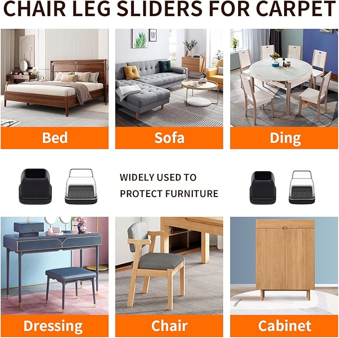 Ezprotekt Chair Leg Sliders for Carpet, 24 Pcs Square Chair Glides for Carpet, Carpet Furniture Pads Stool Leg Protectors Caps, Carpet Furniture Glides Quickly and Easily (M Fit: 0.75" - 1")