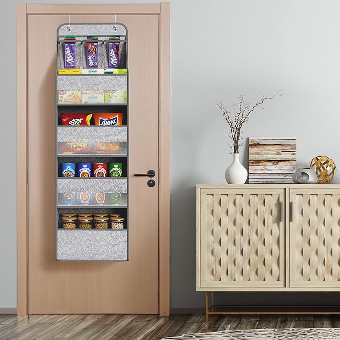 Univivi 5-Shelf Door Storage Over Door Hanging Organizer with 4 Large Pockets and 3 Small PVC Pockets Nursery Closet Cabinet Wall Mount Hanging Storage Organizers for Baby Nursery (Grey Pattern)
