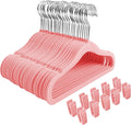 Finnhomy Non-Slip Clothes Hangers for Baby and Kids 30-Pack Velvet Hangers with 10 Finger Clips, Light Pink