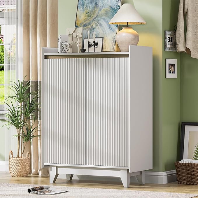 White Fluted Shoe Cabinet, 5-Tier Shoe Storage Cabinet with Adjustable Shelves, 43.7”H Tall Shoe Cabinet Storage for Entryway Hallway Living Room, Shoe Rack Organizer White & Walnut Wave Fluted Design
