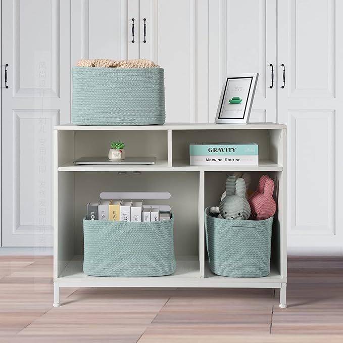 Cotton Rope storage Basket Bins Woven Basket for Organizing Shelves 15X10X9.3" Rectangle Decorative Baskets For storage Clothes Toys Books Towels Nursery basket organizer 3 pack Green