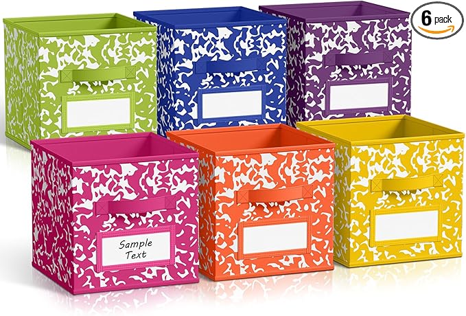 LemonRoad 6 Fabric Storage Cube 11 Inch Foldable Marble Storage Bin with Label for Organizing Pantry, Toy Box, Clothes Closet Collapsible Basket for School Organizing with Handle(Rainbow, Label Style)