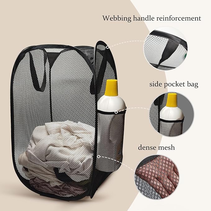 The upgraded pop-up laundry basket features a breathable side pocket mesh design, making it ideal for rooms, apartments, dormitories, travel, business trips, and children's storage(2, Black)