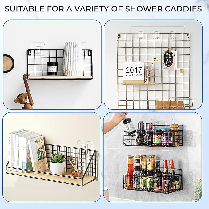 EJGIEGSO 14 Pack Shower Caddy Adhesive Replacement Flat Strips, Heavy Duty Transparent Waterproof Hooks for Bathroom Storage Shelves, No-Drilling Sticky Wall Mount Hooks for Kitchen Organizers