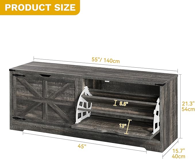DWVO Shoe Storage Bench, 55" L Shoe Cabinet with 3 Flip Drawer & Flip-Top Storage, Farmhouse Modular Tilt-Out Organizer for Entryway, Mudroom, Bedroom
