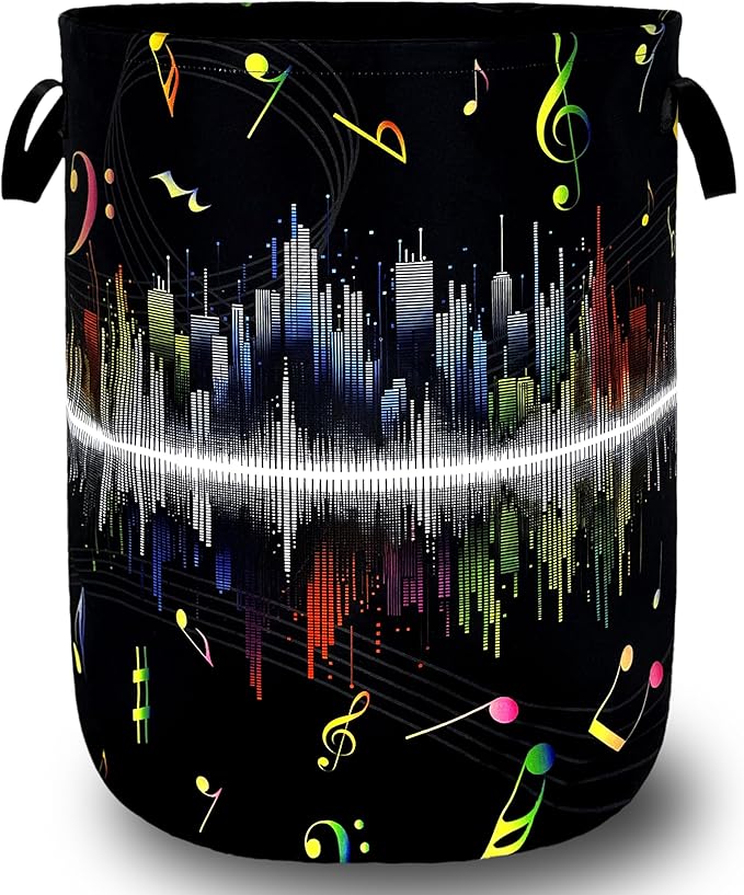 Colorful Music Notes Laundry Basket Music Laundry Hamper Foldable Oxford Cloth Funny Tote Bag Clothes Toy Storage Bucket For Bathroom/Laundry Storage/Bedroom 18.9 x 16.5 Inch