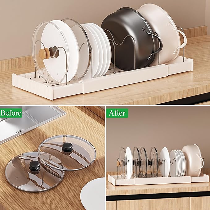 Pots and Pans Organizer Under Cabinet 10 Adjustable Dividers Expandable Pot Pan Lid Holder Organizers Rack inside Cabinet for Kitchen Storage Cookware, Cutting Boards, Lid, Dishes,White