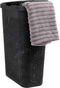 Mind Reader Slim Laundry Hamper with Lid, 40L Clothes Basket, Premium Wicker Design, Plastic, Black