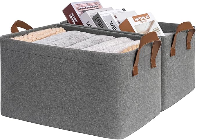 CHICVITA Storage Baskets for Organizing, Fabric Storage Bins for Clothes, Towels, Shoes, Closet Baskets for Bedroom Organizing, 14 ¾" L x 10 ¼" W x 8 ¼" H, Grey, 2-Pack