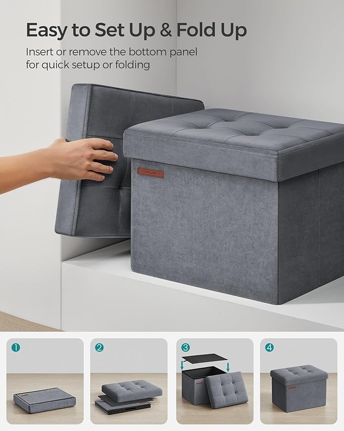 SONGMICS Storage Ottoman, Foldable Small Ottoman Foot Rest, 12.2 x 16.1 Inches Foot Stool, Load up to 286 lb, for Living Room, Bedroom, Dorm, Slate Gray ULSF200G01