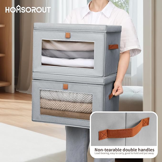 Large Closet Storage Organizer - Clothes Storage Bins with Handles & Window, Collapsible Decorative Boxes with Lids, Fabric Containers for Living Room, Dorm, 2 Pack, Grey