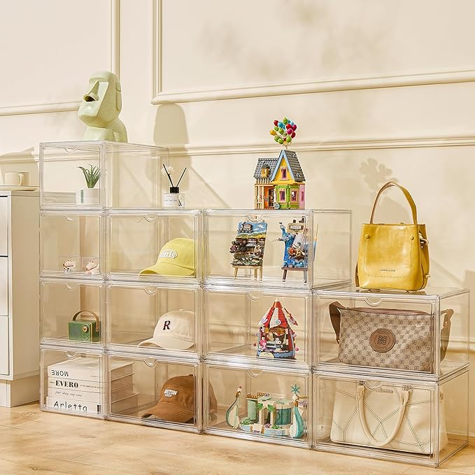 Acrylic Display Cases for Collectibles - Stackable Plastic Storage Shoe Boxes - Magnetic Lid, Figure Organizer