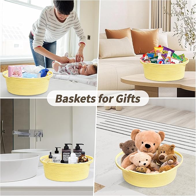 Pro Goleem Small Woven Basket with Gift Bags and Ribbons Durable Baskets for Gifts Empty Small Rope Basket for Storage 12"X 8" X 5" Baby Toy Basket with Handles, Yellow