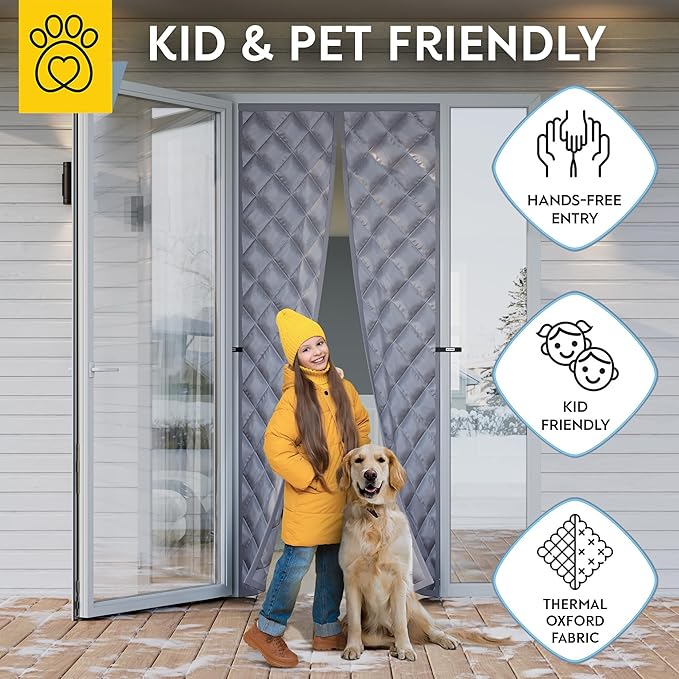 AUGO Thermal Door Curtain - Thermal Door Cover for Winter - Magnetic Thermal Insulated Door Curtain for Winter - Winter Door Insulation - Keeps Warm Air in & Cold Air Out - Home Winterizing Products