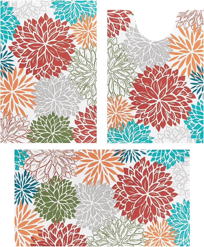 Vaukki Bathroom Rug Set 3 Piece, Non Slip Absorbent Rubber Backed Floral Bath Floor Mat Fit Under Door, Ultra Thin Quick Drying Bath Rug for Shower, Tub and Toilet, 17"x26"+17"x32"+17"x24"U, Red