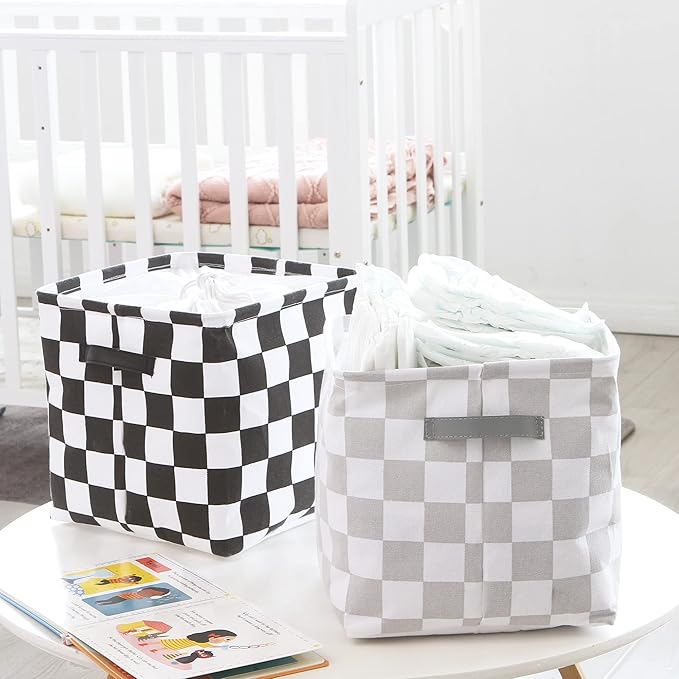 Hinwo 3-Pack Cubic Organizer Shelf Bins, Canvas Fabric Storage Baskets with Handles, 22L/5.8-Gal Square Storage Bins, Cubes, Collapsible Storage Box, 11 x 11 x 11 Inches (S, Grey Checkerboard)
