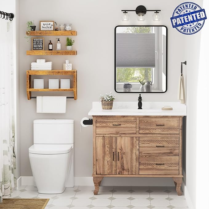 QEEIG Bathroom Floating Shelves for Wall - Shelf Over Toilet Paper Storage Farmhouse 16 inch Set of 3, Rustic Brown (028-40BN3)