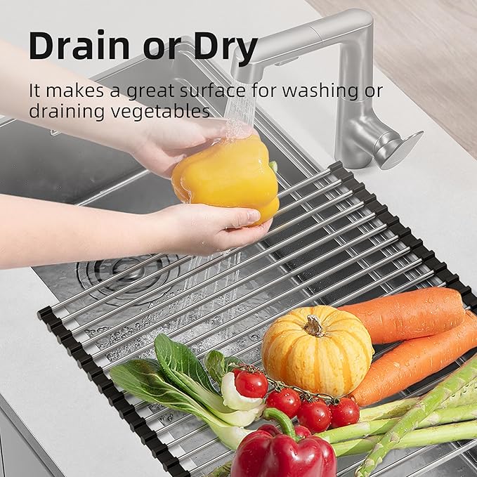 NEZUIBAN Dish Drying Rack with Roll Up and Over Sink for Kitchen,17.5"x11.8",Black