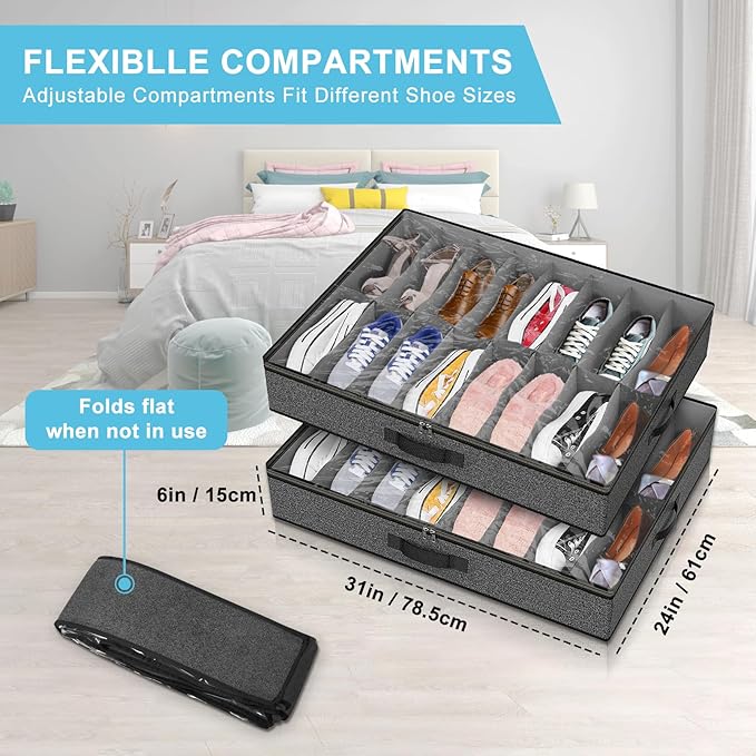 Under Bed Shoe Storage Organizer for Closet, Fits 32 Pairs Underbed Shoes Box Storage Containers Under the Bed Storage Foldable with Sturdy Handles&Clear Window for College Dorms Grey, Set of 2