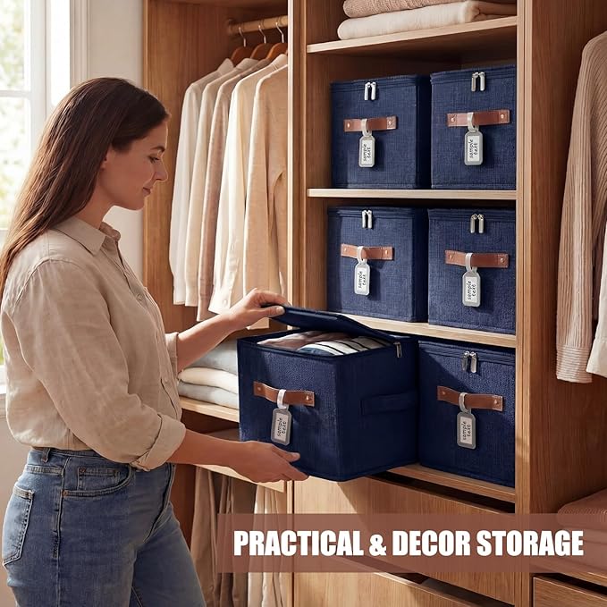 Fiwochic 6 Pack Fabric Storage Bins with Lids, 10×8×7Inch Foldable Cotton Linen Storage Boxes with PU Leather Handles and Label Holders for Closet, Bedroom, Shelf, Nursery, Dark Blue