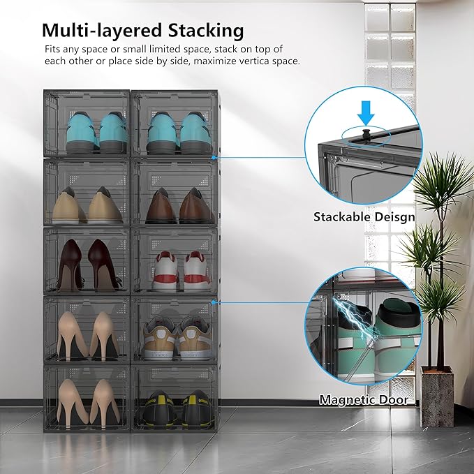 MCIJRJOI 12 Pack Hard Sturdy Thickened Rigid XX Large Shoe Storage Organizer for Closet, Clear Stackable Sneaker Shoe Boxes Rack Containers Display Case Bins with Lids, Grey02