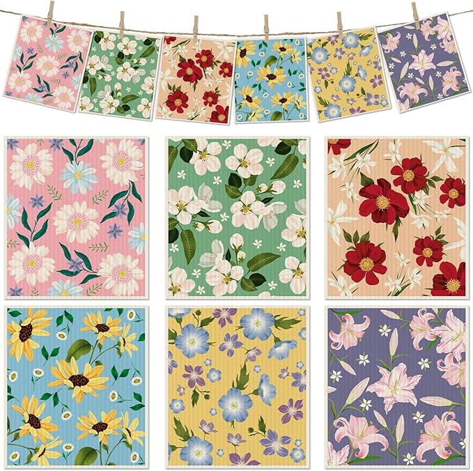 6 Packs Swedish Paper Cloths for Kitchen, Reusable Paper Towels Washable Dish Rags, Highly Absorbent Kitchen Towels Quick Drying Swedish Sponge Cleaning Dish Cloths(Colorful Floral-2)