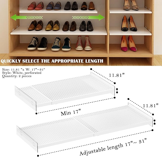 Expandable Closet Tension Shelves Organizers, Adjustable Shelf for Cabinet Rack Storage Wardrobe Divider Shelving for Pantry 2 Pack (Perforated White,W11.81 x L: 17" to 31")
