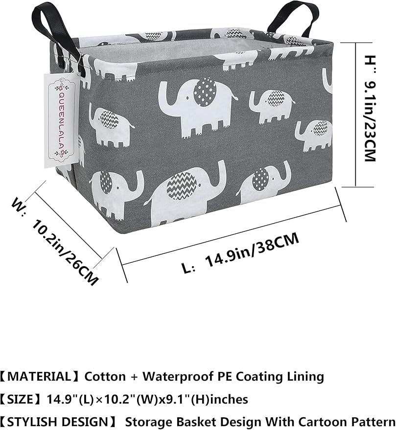QUEENLALA Rectangular Laundry Hamper/Foldable Nursery Laundry Basket for Organizing/Storage Bin Baskets/Children Toy Office Bedroom/Toy Bin Closet Shelf Baskets（Rec-Elephant）