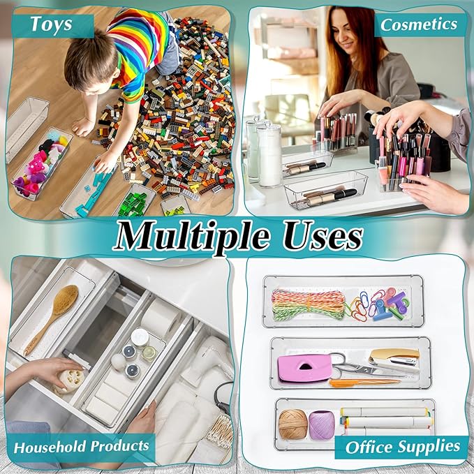 Maitys 12 Pcs Clear Drawer Organizer 9 x 3 x 2 Inches Plastic Rectangle Trays Makeup Vanity Storage Bins and Kitchen Drawers Dividers for Office Desk Silverware Kitchen Utensils(Clear)