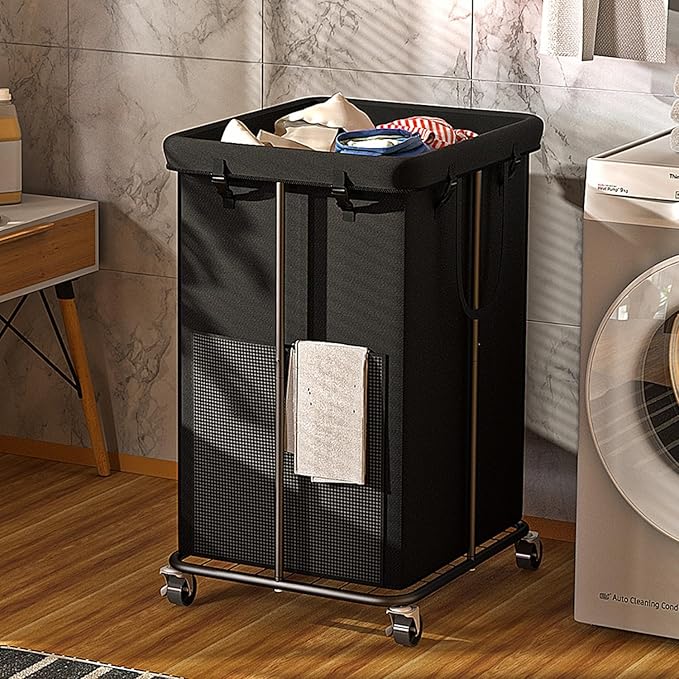 Laundry Basket 155L, Oxford Fabric Laundry Hampers, Metal Frame and Removable Bag Design with Wheels, Suitable for Bedroom, Bathroom, Dorm Room, Laundry Room (Pure Black)