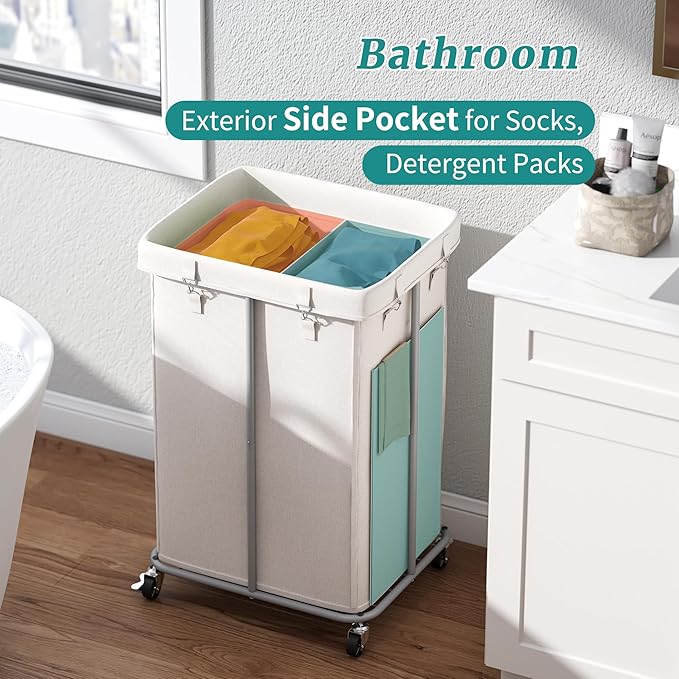 160L Laundry Hamper with Wheels, Rolling Laundry Basket with Metal Frame and Removable Bag, Double Laundry Hamper 2 Section, Large & Tall Dirty Clothes Hampers for Bedroom Aesthetic, Laundry Room