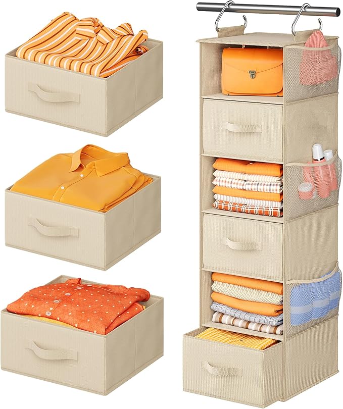 Pipishell 6-Shelf Hanging Closet Organizer, with 3 Detachable Drawers & Side Pockets, Closet Organizers and Storage for Bedroom, Garment Rack and Wardrobe Organization, Dorm Clothes Organizer, Beige