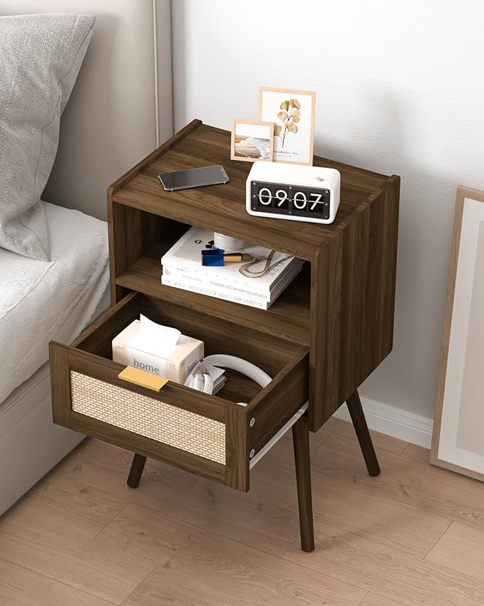 Veegle Rattan Nightstand,Modern Bedside Table with Storage Drawer and Open Wood Shelf, for Living Room, Bedroom and Small Spaces, Accent Night Stand with Solid Wood Legs, Easy Assembly,Walnut Brown