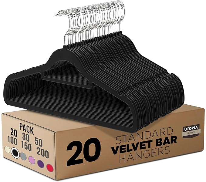 Utopia Home Premium Velvet Hangers 20 Pack - Non-Slip Clothes Hanger with Tie Bar - Black Hangers with 360 Degree Rotatable Hook - Heavy Duty Coat Hanger