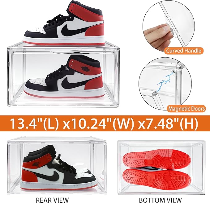 10 Pack Acrylic Sneaker Shoe Display Case, Size 12.5 Clear Shoe Boxes Stackable Purse Handbag Collectibles Organizer with Magnetic Door, Size 12.5 for Men Women Shoes Rack