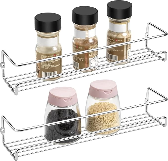 Lonian 2-Tier Wall Mounted Spice Rack Organizer, Chrome Metal Spice Shelf Storage Basket for Kitchen Cabinet/Pantry Door, Includes Drilling & No-Drilling Installation Options
