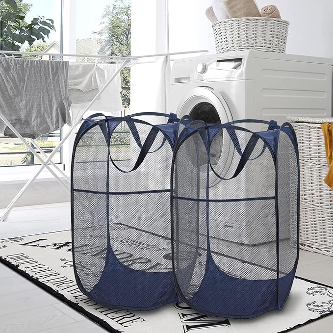 BATTOO Deluxe Strong Mesh Pop up Laundry Hamper Basket with Side Pocket Foldable Hamper for Laundry Room, Bathroom, Kids Room, College Dorm or Travel Navy + Navy