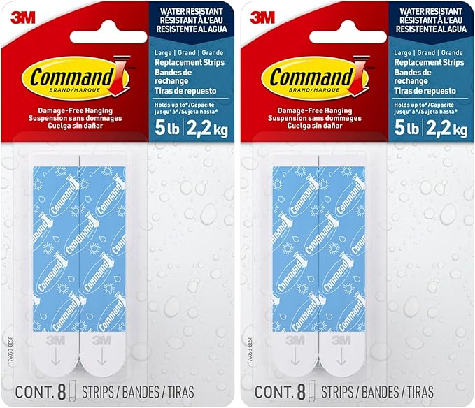 Command Water-Resistant Adhesive Refill Strips, Large (Pack of 16) – Damage-Free Hanging for Bathroom Hooks & Shower Caddies in Humid Areas, No Tools Needed, Holds 5 lb