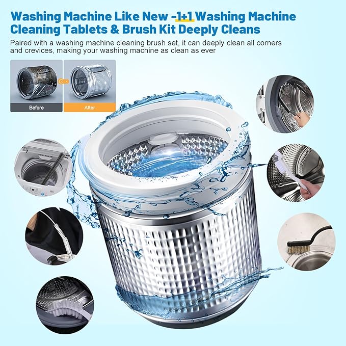 Washing Machine Cleaner, Washer Machine Cleaner Tablets 15 Pcs + Dryer Vent Cleaner Kit 12 Pack, Crevice Cleaning Brush for Bathroom, Shower & Kitchen, All-in-One Multi-Surface Scrubbing Brushes