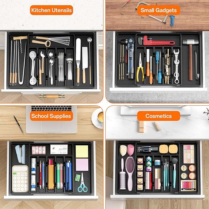 Large Silverware Organizer,Expandable Utensil Drawer Organizer,BPA Free Utensil Holder,Adjustable Silverware Tray Cutlery Drawer Organizer for Kitchen Flatware,Large,Black (6-8 Slots)