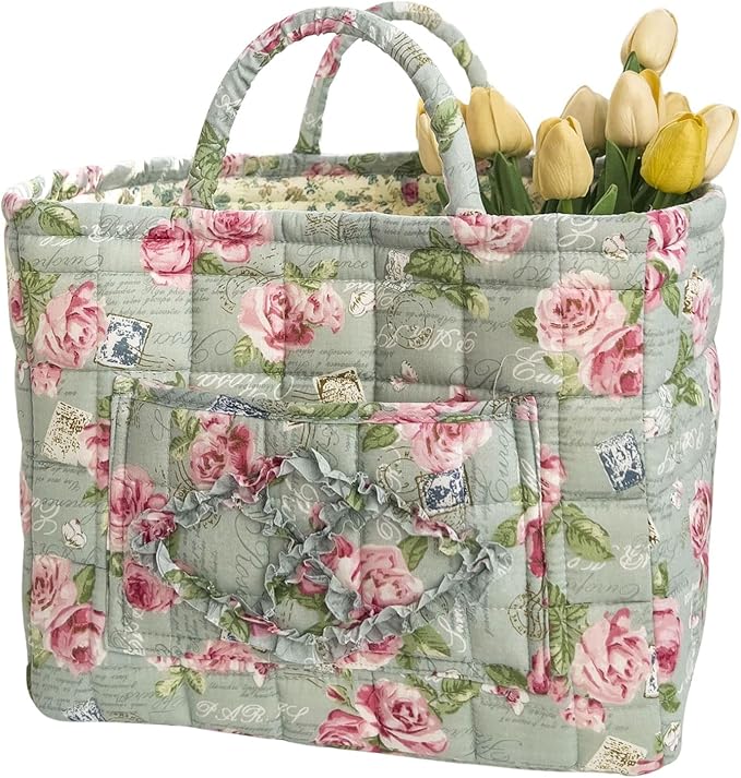 vctops Boho Cotton Quilted Storage Basket for Organizing, Basket Organizer Gift Baskets with Handles, Storage Bins for Toys, Books, Towels, and Clothes, Collapsible Fabric(Pattern N,13"x10.6"x10")