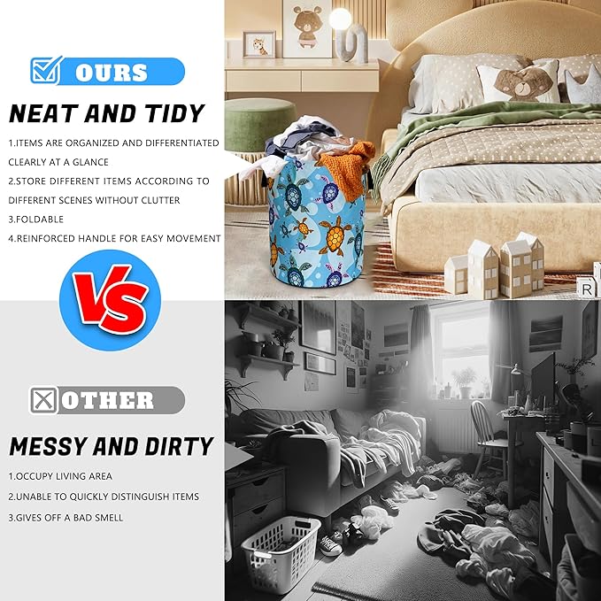 Sea Turtle Laundry Basket Oxford Cloth Funny Animal Laundry Hamper With Handle Foldable Portable Clothes Storage Basket 18.9 X 16.5 In Storage Bag For Laundry Room/Bathroom/Bedroom/Dormitories
