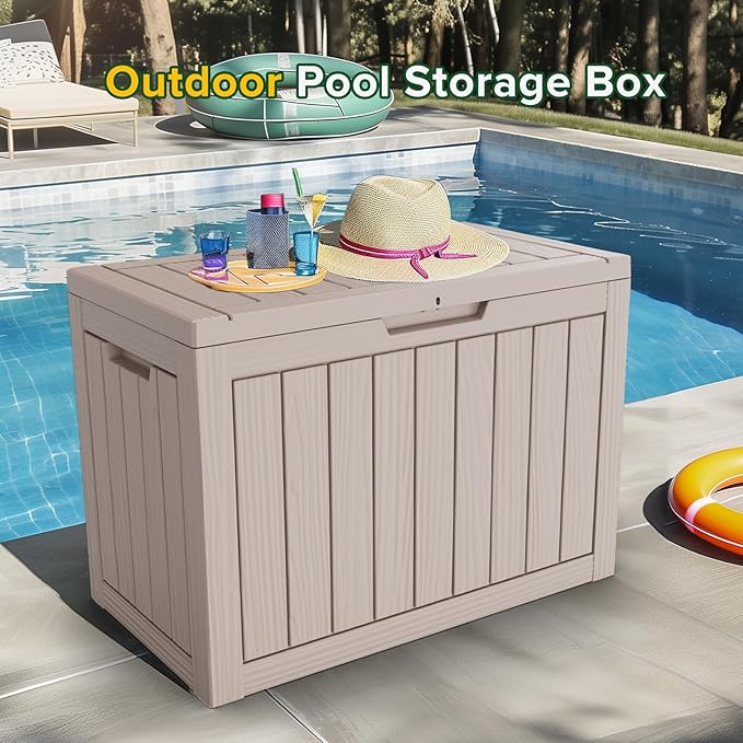 Outdoor Storage Box Waterproof, 45 Gallon Lockable Resin Deck Box Large, Patio Storage Bin for Pool Accessories Cushion Furniture, Garden Tools, UV-Resistant Outside Delivery Light Coffee