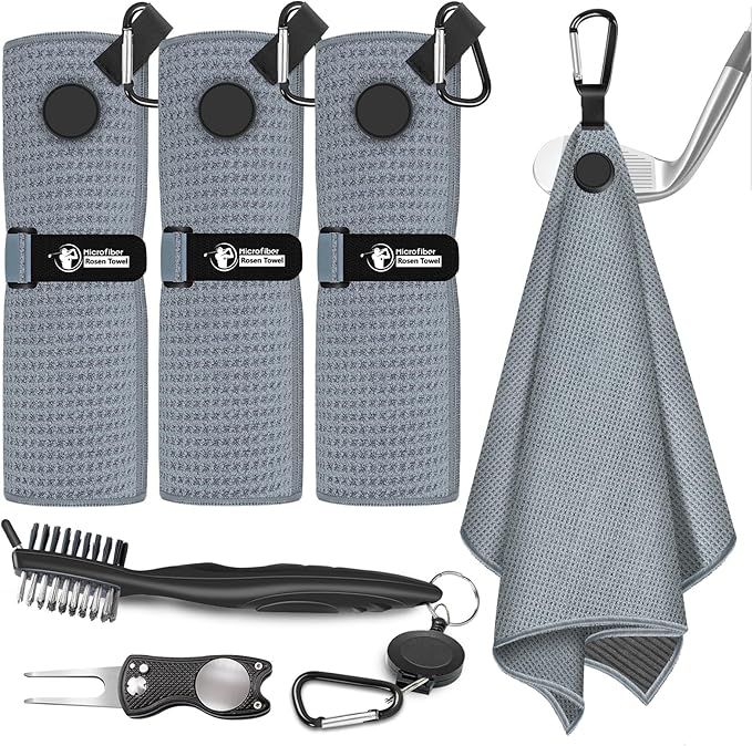 3 PCS Magnetic Golf Towels with Brush and Divot Tool, Microfiber Golf Towel with Wire Cleaning Cloth for Men, Industrial Strength Magnet for Strong Hold to Golf Bags, Carts or Clubs (3 Pack Gray)