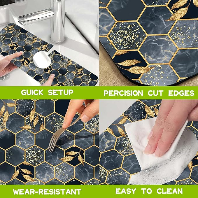 Kitchen Sink Splash Hexagon Marble and Golden Leaves Guard Faucet Mat Super Absorbent Fast Drying Mat Guard Behind Faucet Drip Catcher for Kitchen Bathroom, 15.5"X5.5"